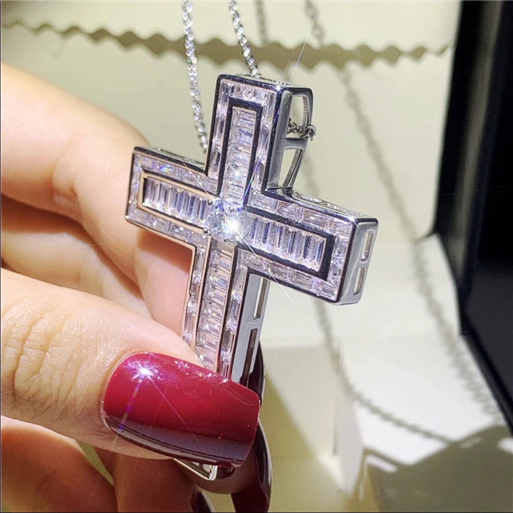 New Men Women 925 Silver Cross Diamond Necklace - Picture 8 of 10